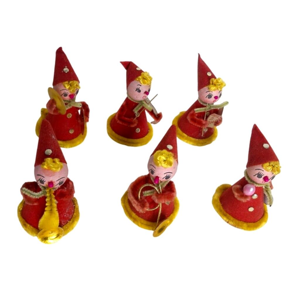 Vintage Shiny Brite Christmas Pixie Band Musical Ornaments Japan Set of 6